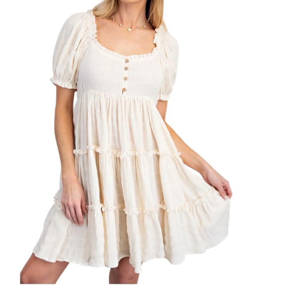 Easel Puff Sleeve Tiered Mini Babydoll Dress Ivory Small Flowy Romantic Boho NWT